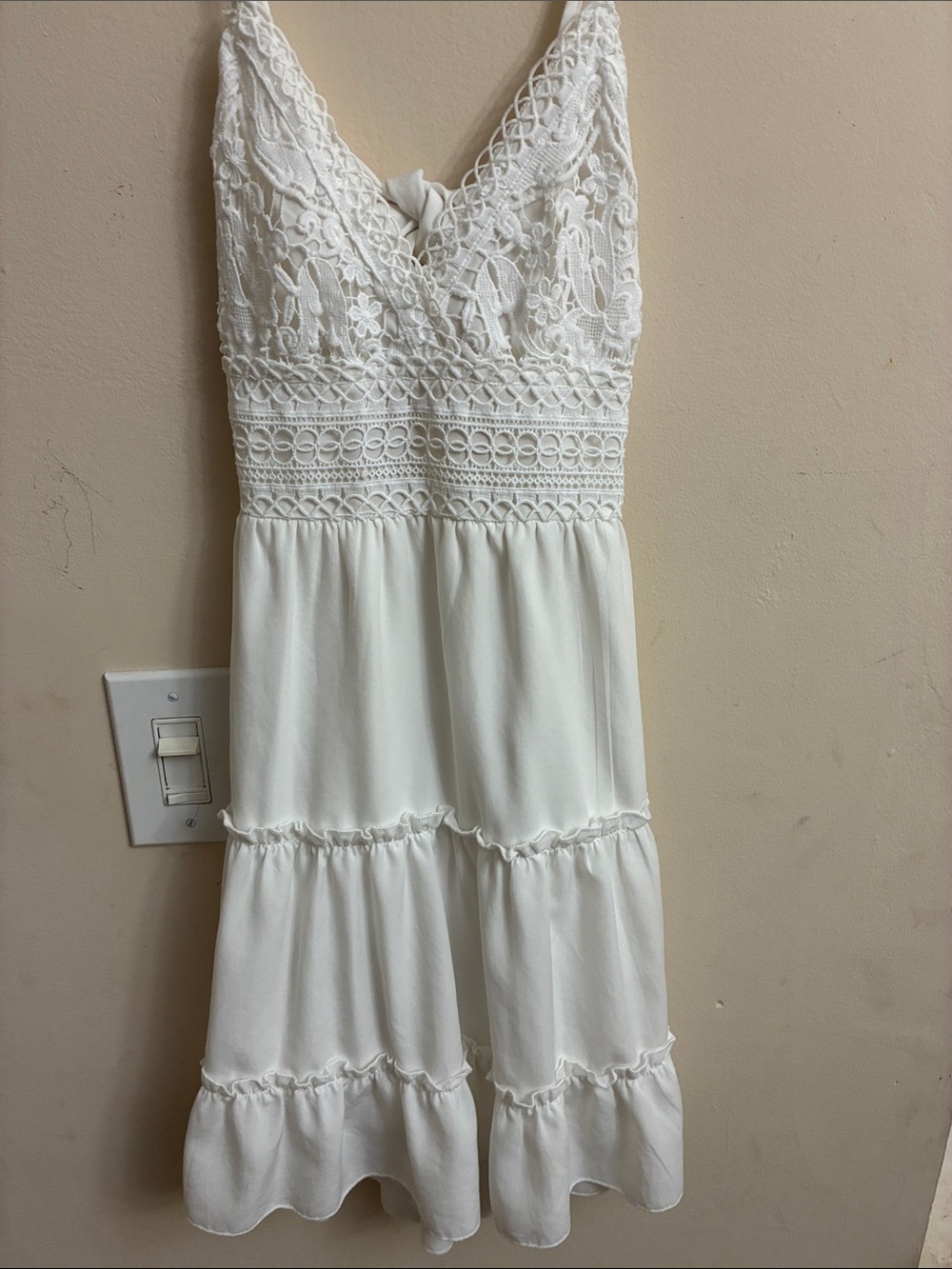 Ecowish White Crochet Lace V-Neck Tiered Ruffle Mini Dress